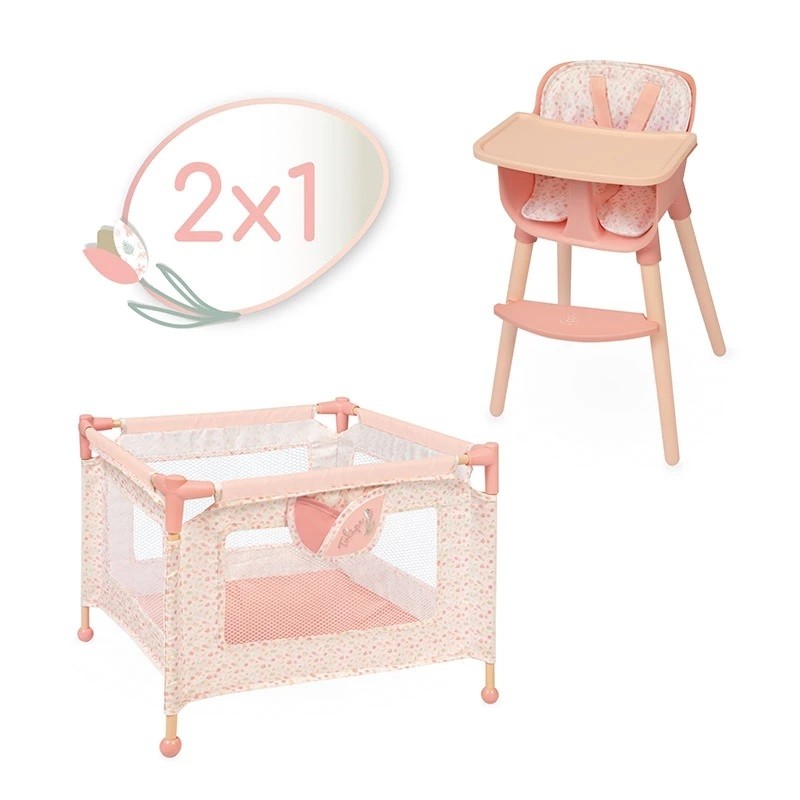 Krzesełko do_karmienia i łóżeczko dla lalek do 42cm Tulipe DeCuevas Toys 40074