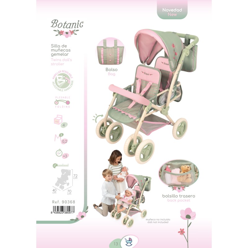 Bliźniaczy_wózek Botanic regulowany dla lalek do 52cm DeCuevas Toys 90368