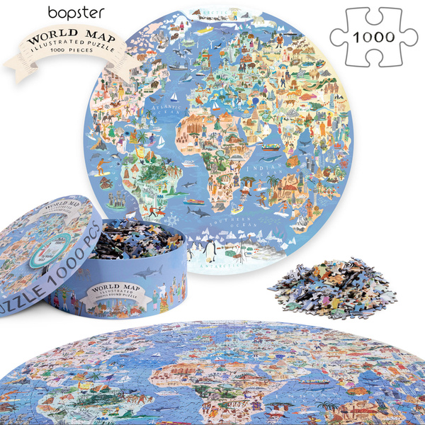 Bopster, okrągłe ilustowane puzzle 1000 el Mapa Świata 4 w 1 ludność/zwierzęta/zabytki/daty