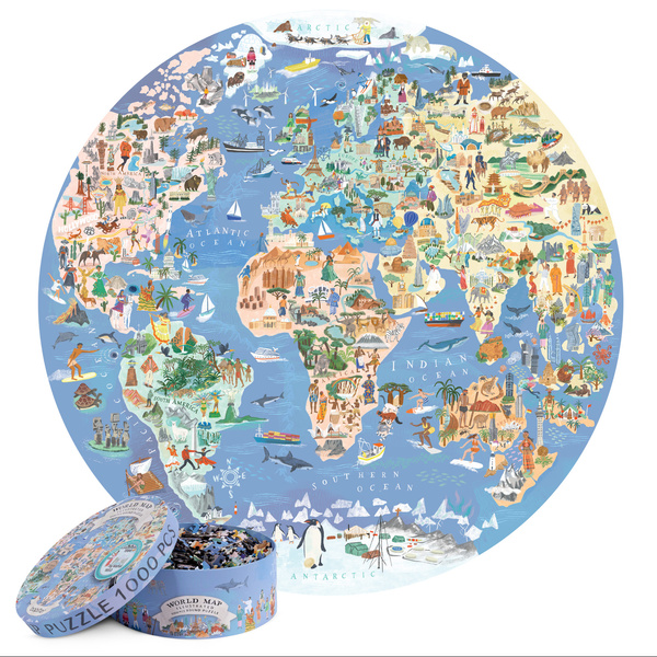 Bopster, okrągłe ilustowane puzzle 1000 el Mapa Świata 4 w 1 ludność/zwierzęta/zabytki/daty