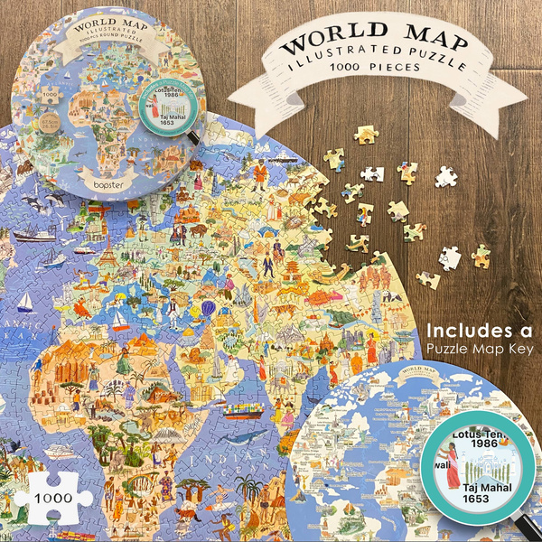 Bopster, okrągłe ilustowane puzzle 1000 el Mapa Świata 4 w 1 ludność/zwierzęta/zabytki/daty