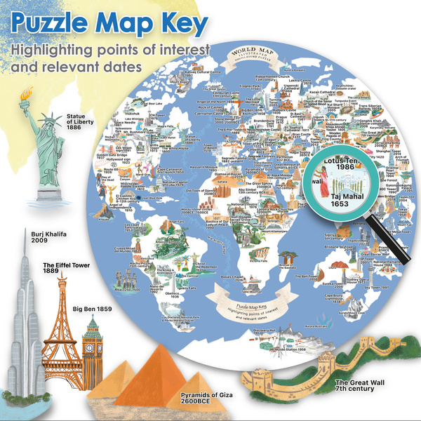 Bopster, okrągłe ilustowane puzzle 1000 el Mapa Świata 4 w 1 ludność/zwierzęta/zabytki/daty