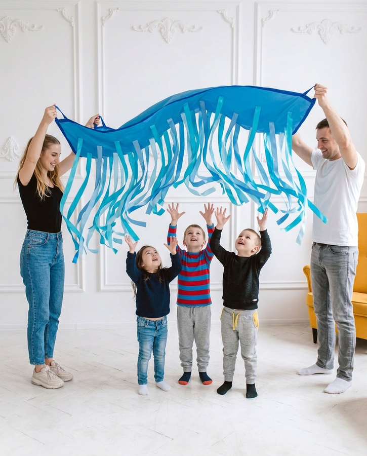 Chusta animacyjna 1,45 x 1,45 m ze wstążkami WODA