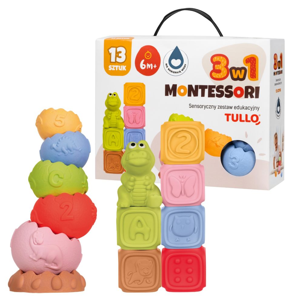 Zestaw Montessori Klocki i piramida sensoryczna 13 el.